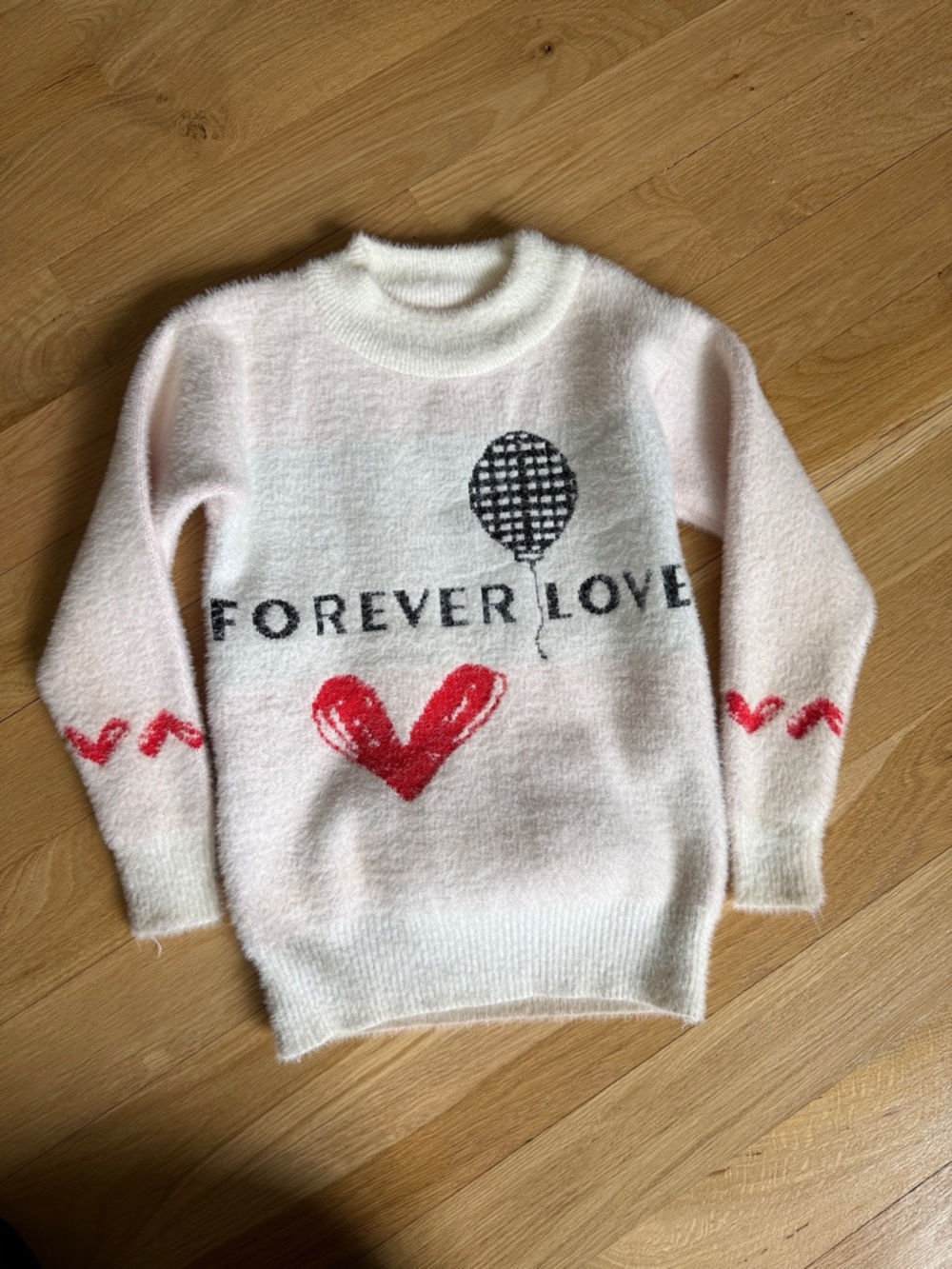 Girls Fuzzy Cream Sweater with Red Heart and Black Balloon Graphic